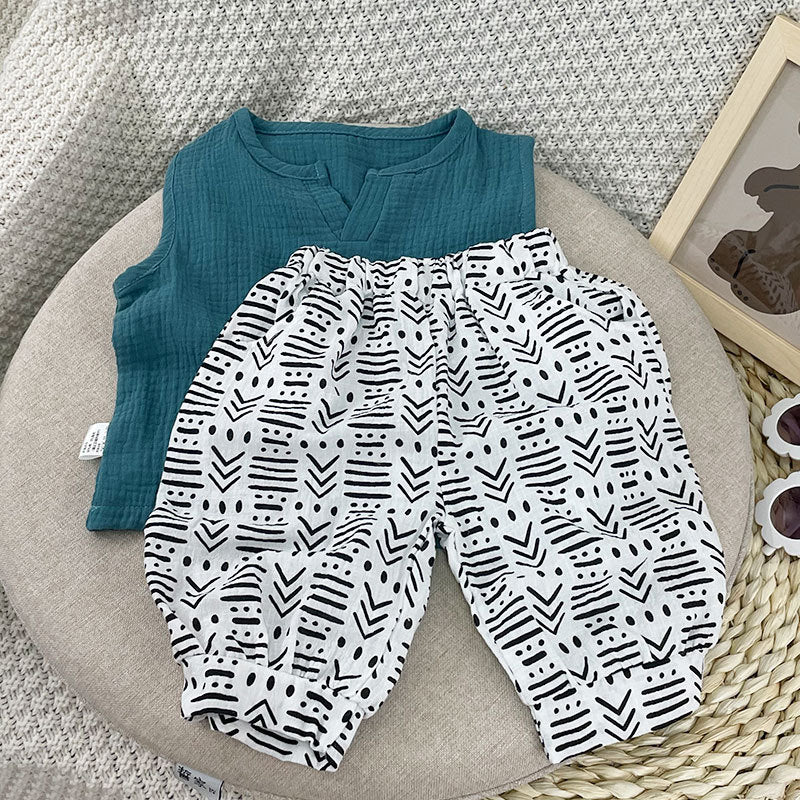 Boys Blue Top and Black Print Pants set