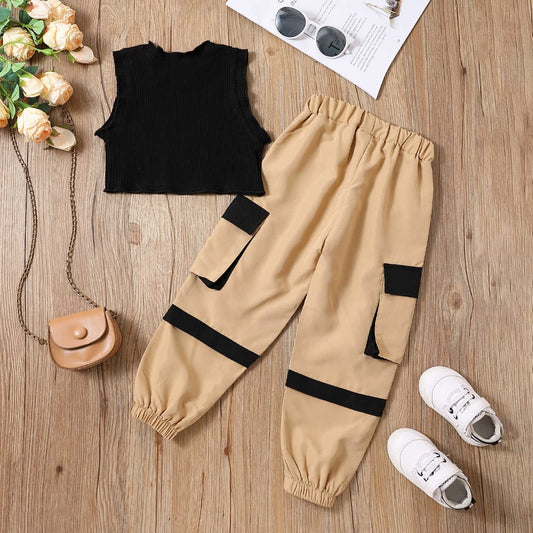 Black Top and Beige Pants with Side Pockets set