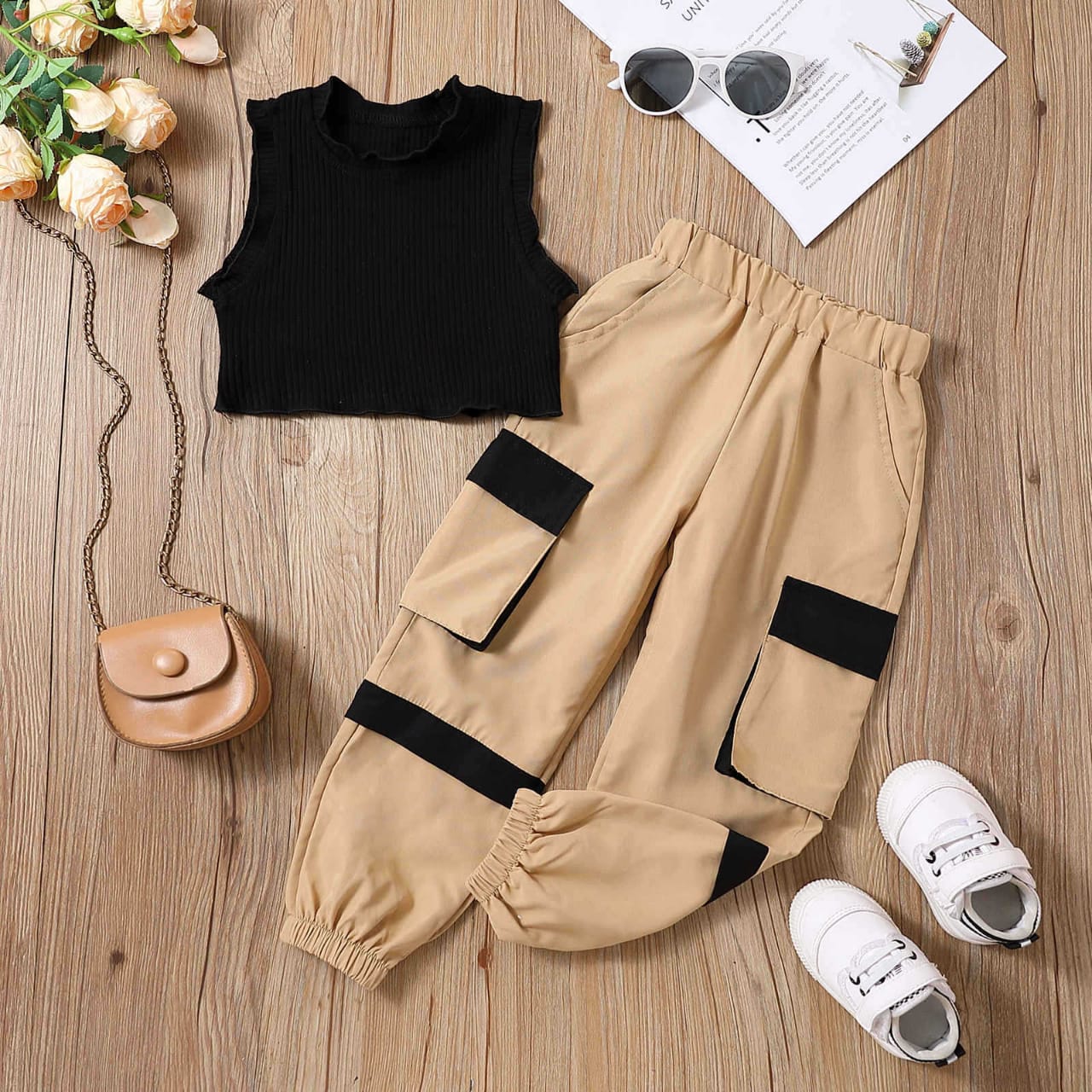 Black Top and Beige Pants with Side Pockets set