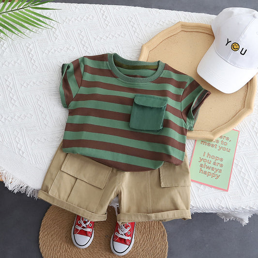 Boys Green & Brown Stripped T-shirt and Pants set