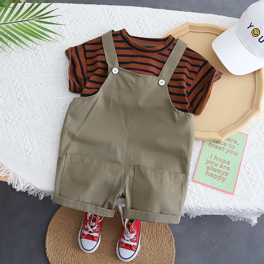 Boys Dungaree and Brown Stripped T-shirt set