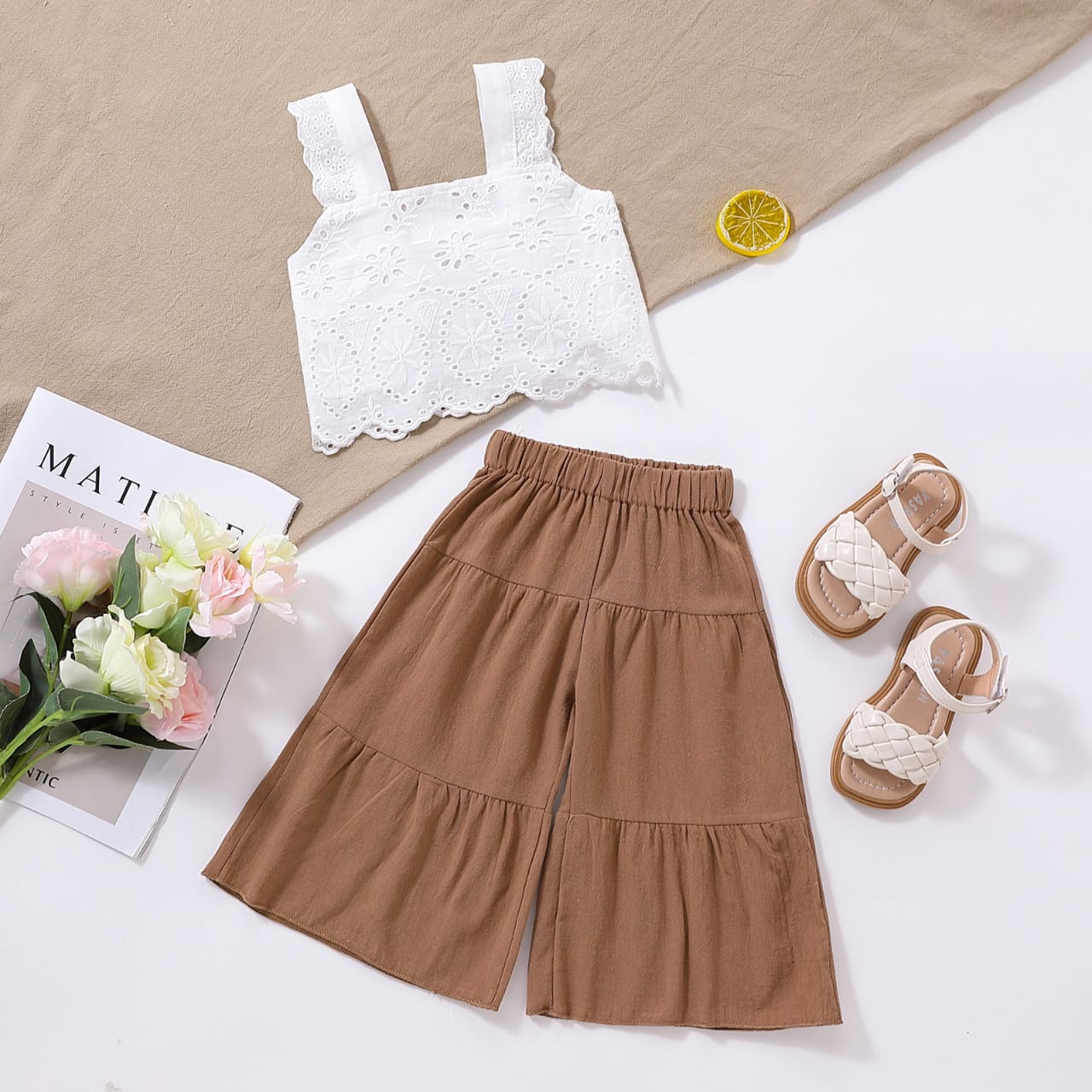 White Crop Top and Brown Palaza Pants set