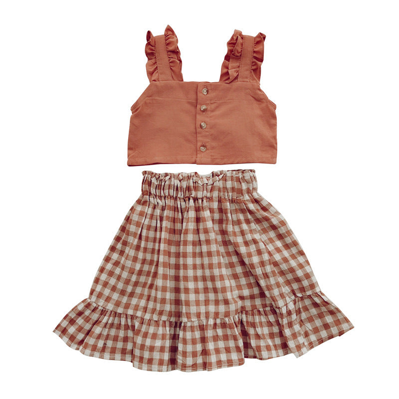 Cute Orange Powder Top and Plaid Checked Skirt set