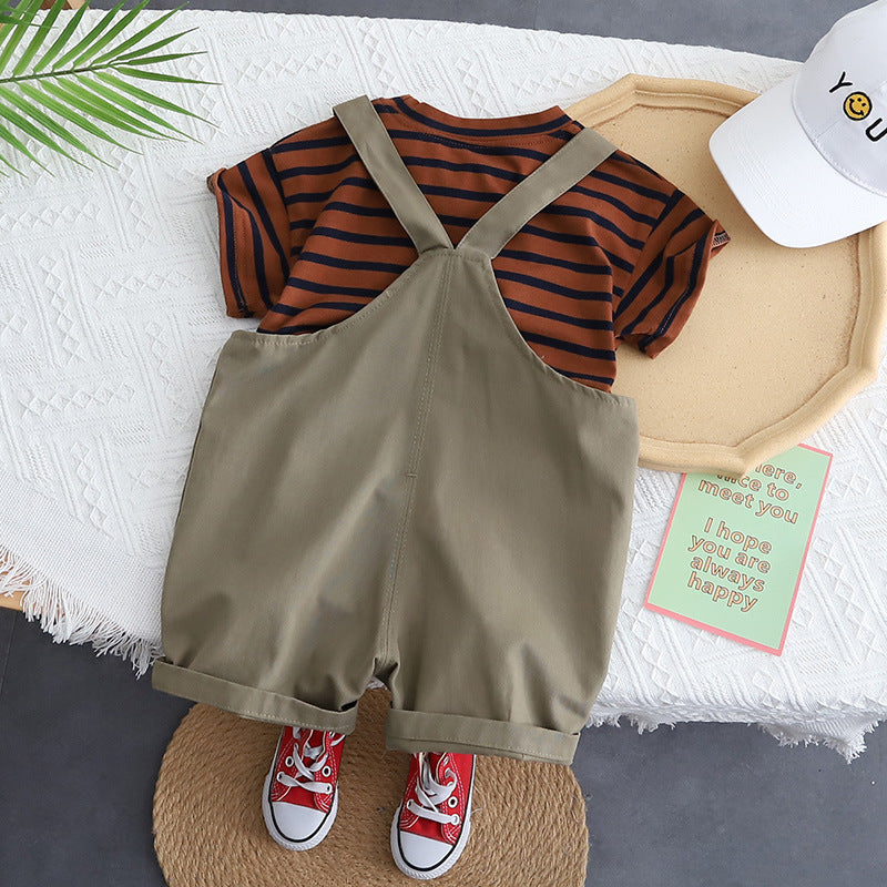 Boys Dungaree and Brown Stripped T-shirt set