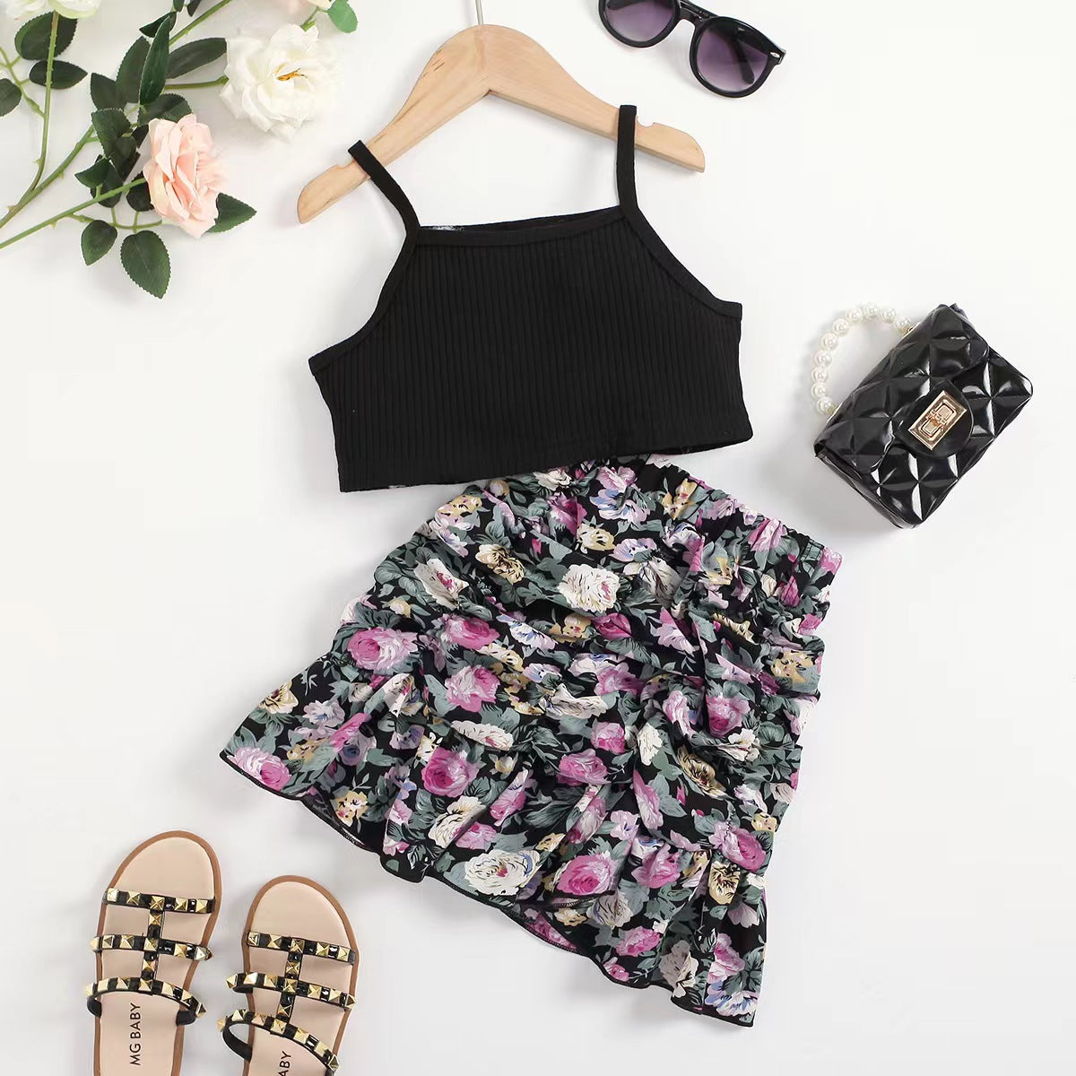 Black Crop Top and Floral Skirt