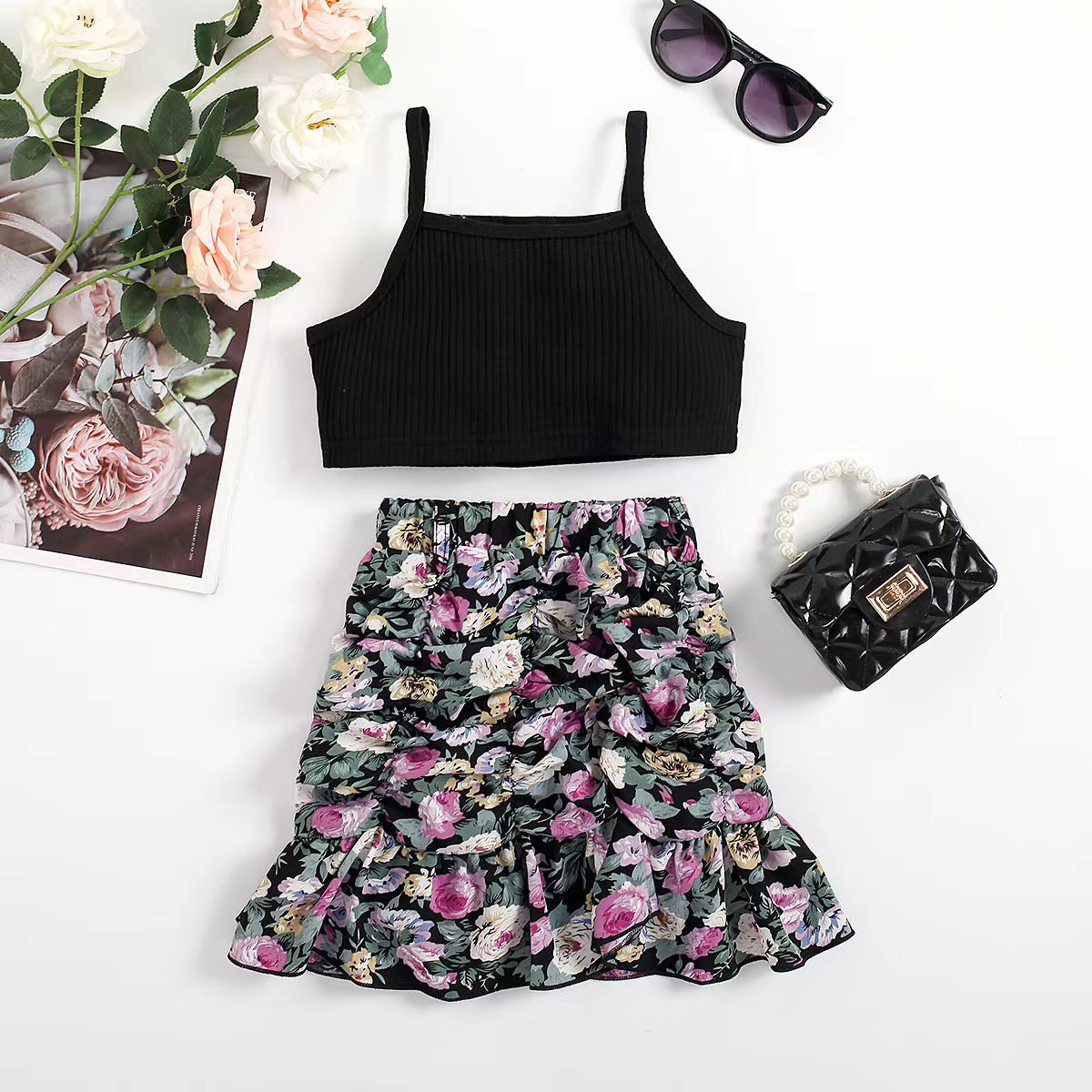 Black Crop Top and Floral Skirt