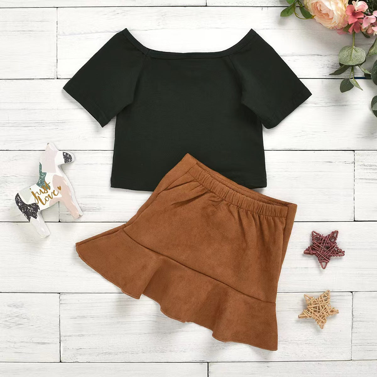 Girls Sassy Dark Green Top and Brown Skirt set