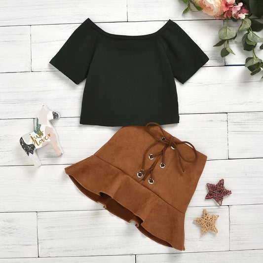 Girls Sassy Dark Green Top and Brown Skirt set