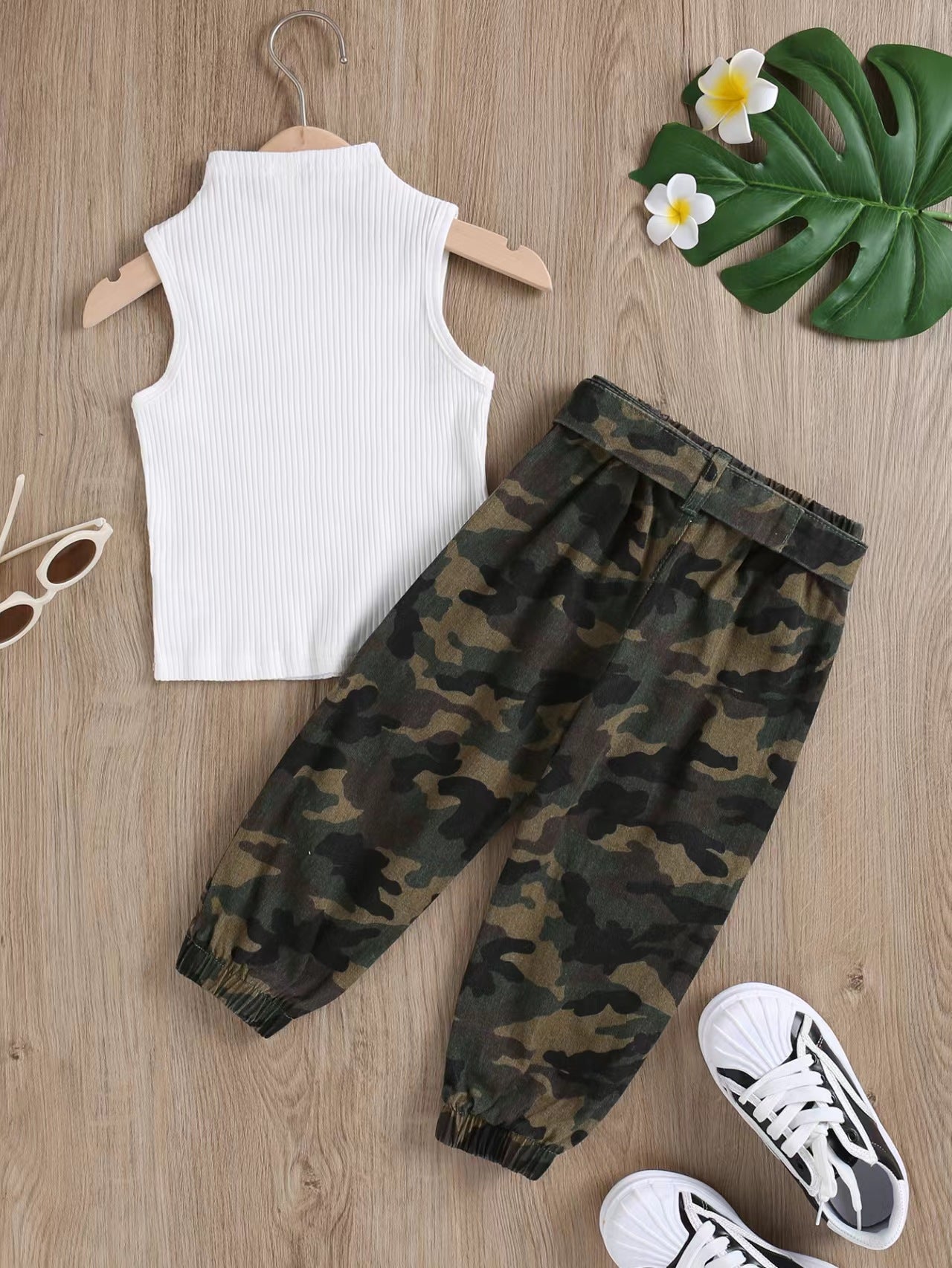 Girls Camo Pants and White Vest Top set