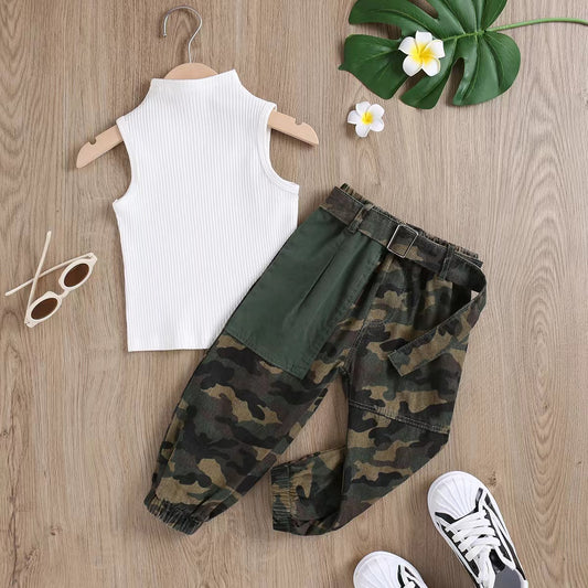 Girls Camo Pants and White Vest Top set