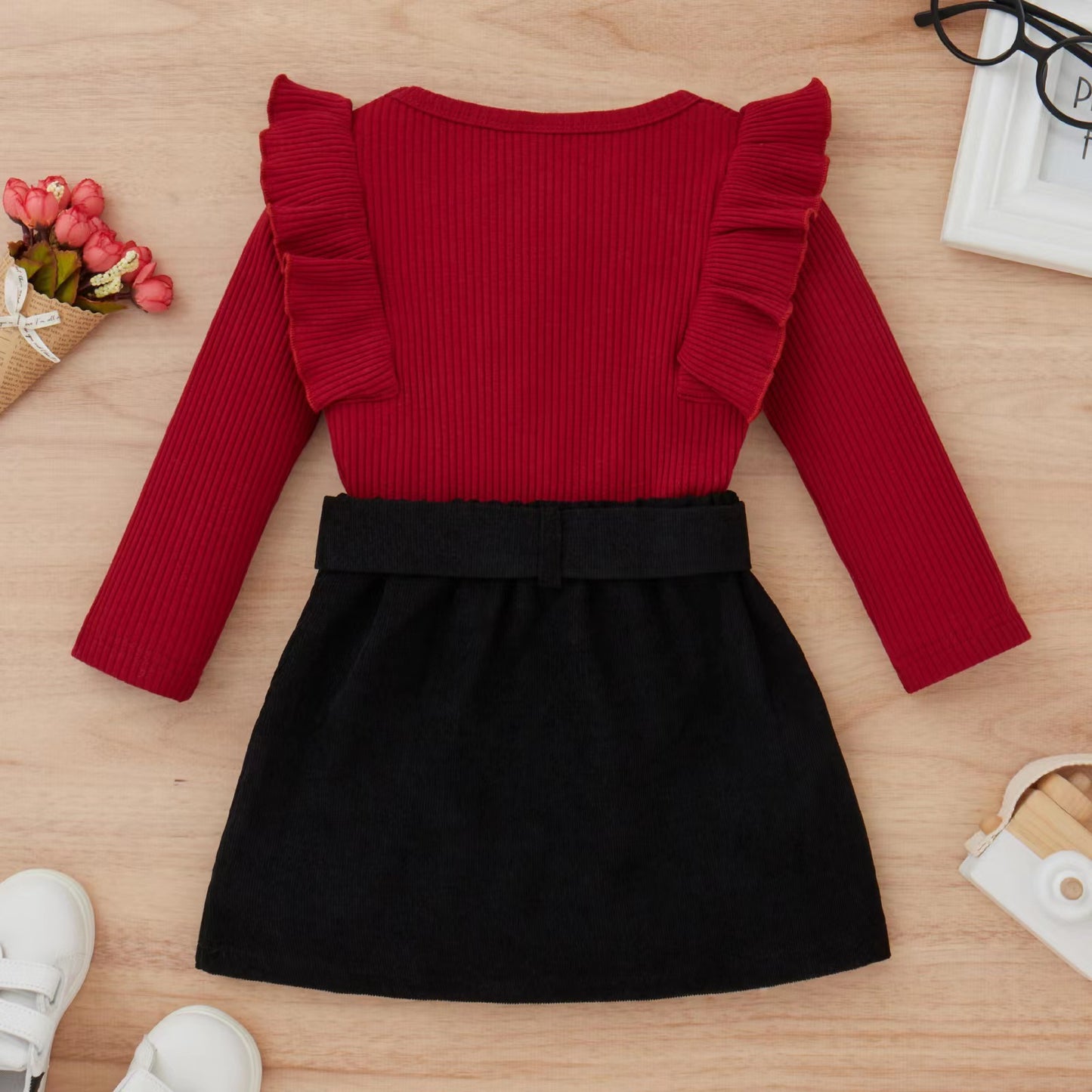 Chic Red Top and Black Skirt Set