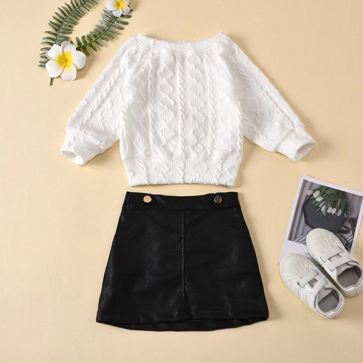 Girls White Sweater and Black Leather Skirt set