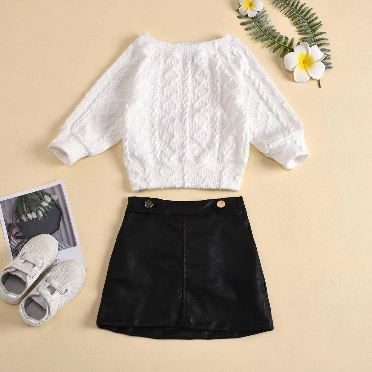 Girls White Sweater and Black Leather Skirt set