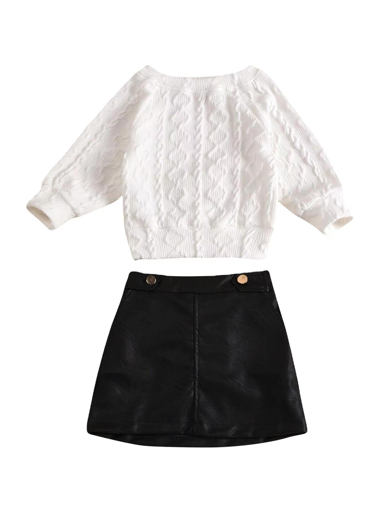 Girls White Sweater and Black Leather Skirt set