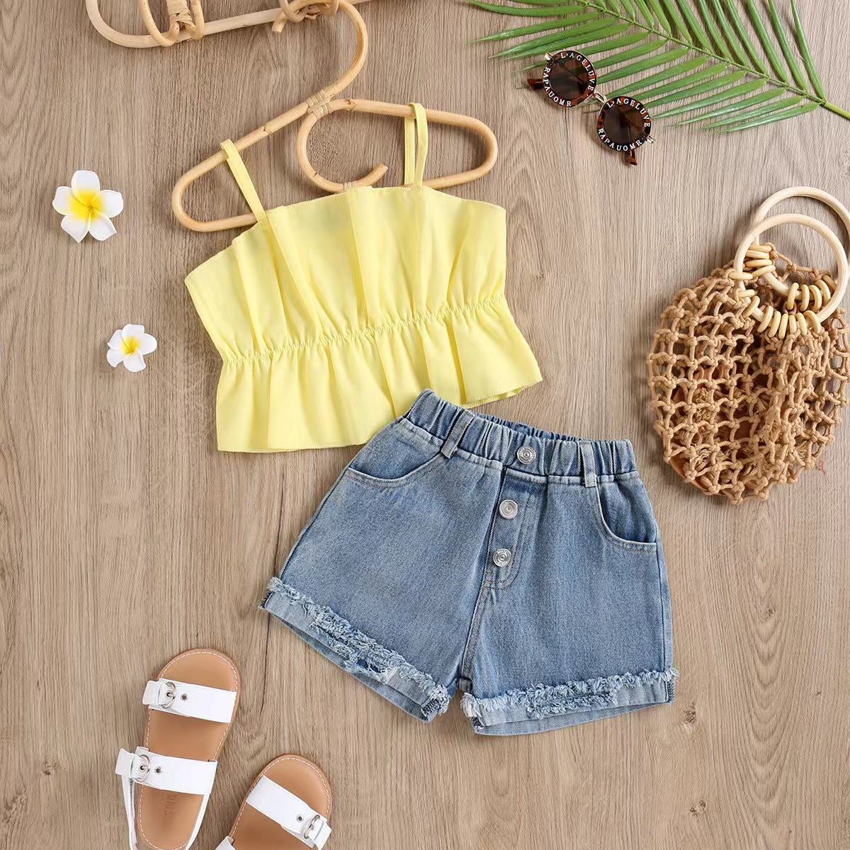 Cute Yellow Crop Top and Jean Shorts set